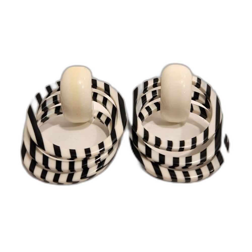 VINTAGE Black & White Striped Circle Shaped Pierced Earrings